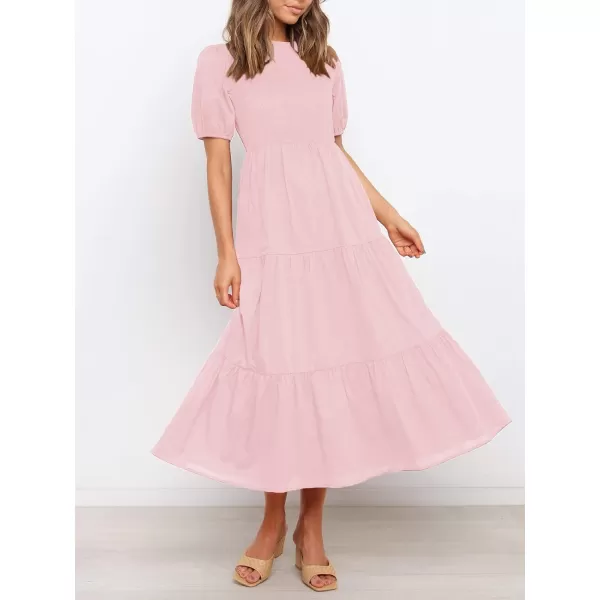 imageZESICA Womens 2023 Casual Summer Crew Neck Short Puff Sleeve Smocked High Waist Ruffle Tiered A Line Midi DressLightpink