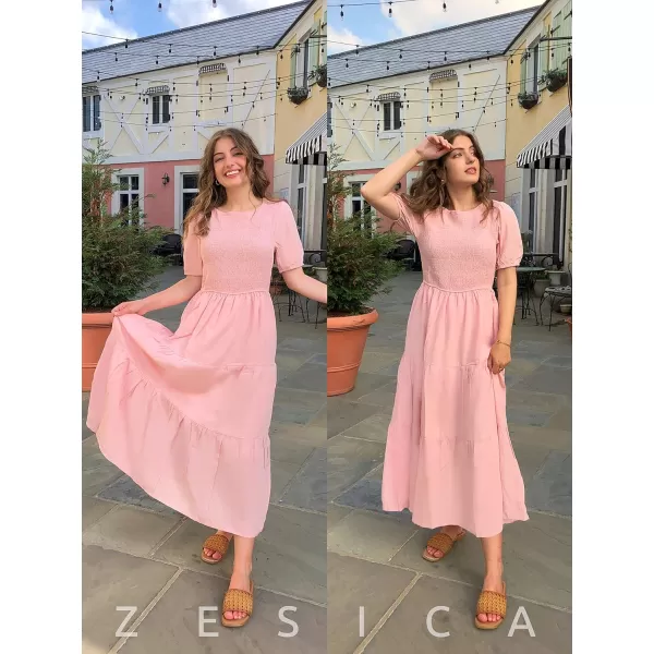 imageZESICA Womens 2023 Casual Summer Crew Neck Short Puff Sleeve Smocked High Waist Ruffle Tiered A Line Midi DressLightpink
