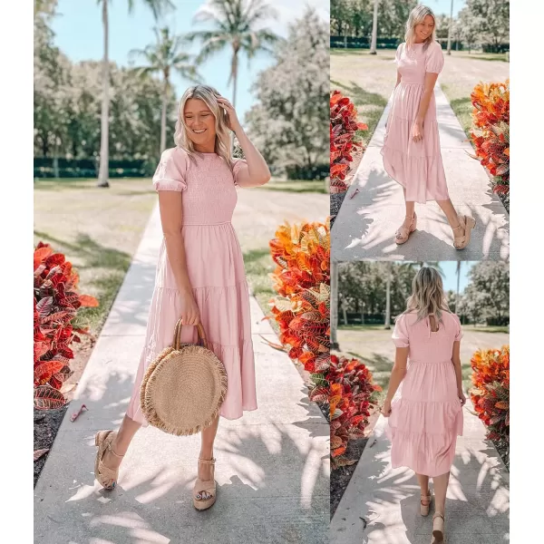 imageZESICA Womens 2023 Casual Summer Crew Neck Short Puff Sleeve Smocked High Waist Ruffle Tiered A Line Midi DressLightpink