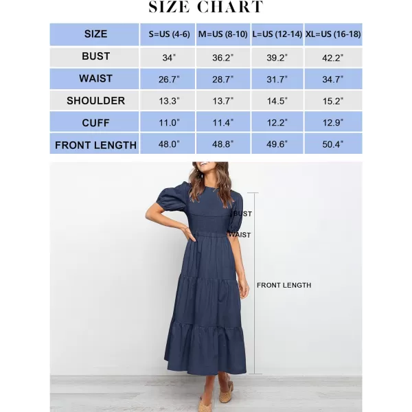 imageZESICA Womens 2023 Casual Summer Crew Neck Short Puff Sleeve Smocked High Waist Ruffle Tiered A Line Midi DressNavy