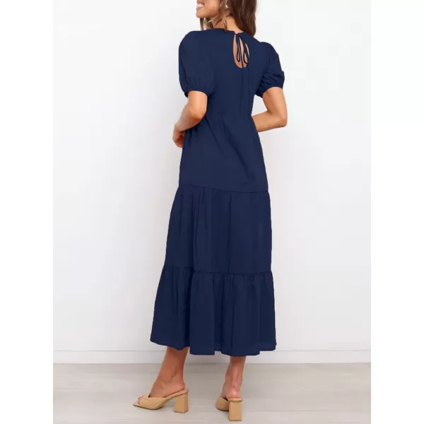 imageZESICA Womens 2023 Casual Summer Crew Neck Short Puff Sleeve Smocked High Waist Ruffle Tiered A Line Midi DressNavy
