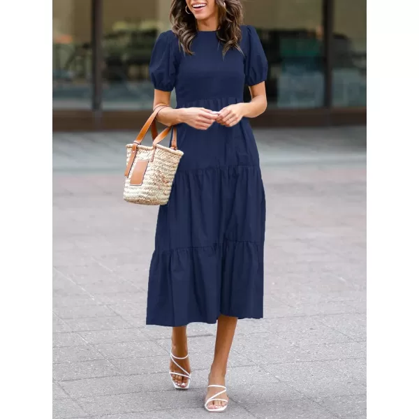 imageZESICA Womens 2023 Casual Summer Crew Neck Short Puff Sleeve Smocked High Waist Ruffle Tiered A Line Midi DressNavy