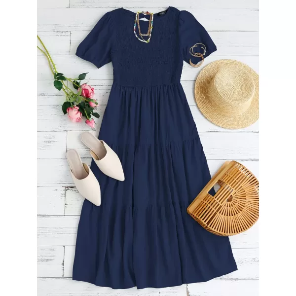 imageZESICA Womens 2023 Casual Summer Crew Neck Short Puff Sleeve Smocked High Waist Ruffle Tiered A Line Midi DressNavy