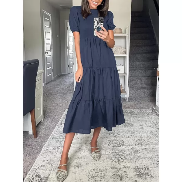 imageZESICA Womens 2023 Casual Summer Crew Neck Short Puff Sleeve Smocked High Waist Ruffle Tiered A Line Midi DressNavy