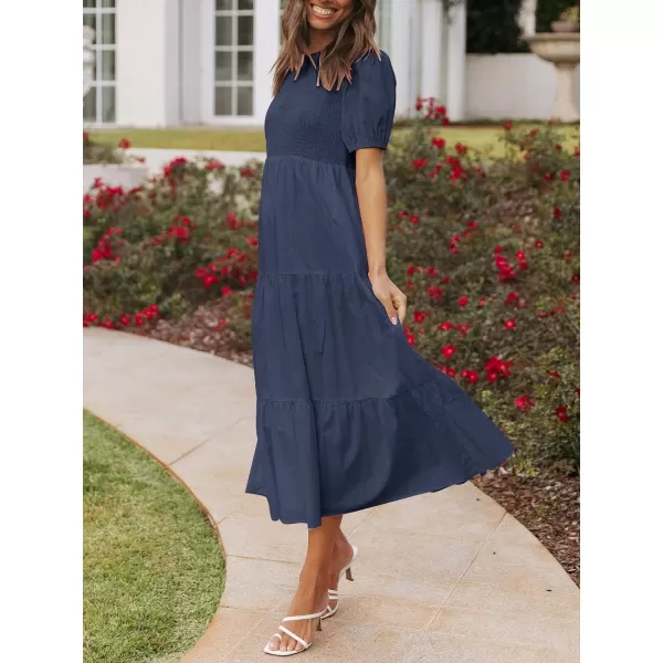 imageZESICA Womens 2023 Casual Summer Crew Neck Short Puff Sleeve Smocked High Waist Ruffle Tiered A Line Midi DressNavy