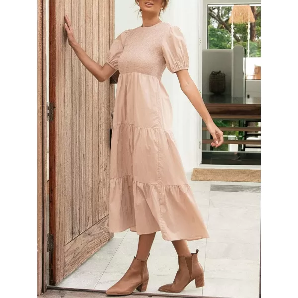imageZESICA Womens 2023 Casual Summer Crew Neck Short Puff Sleeve Smocked High Waist Ruffle Tiered A Line Midi DressPink