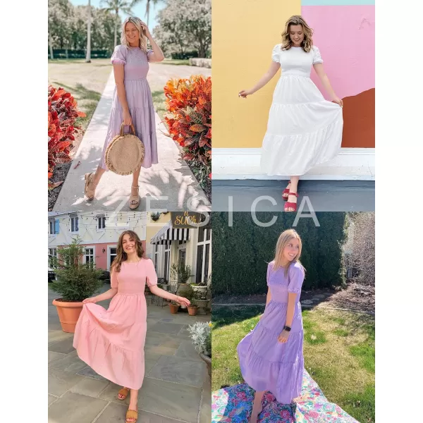 imageZESICA Womens 2023 Casual Summer Crew Neck Short Puff Sleeve Smocked High Waist Ruffle Tiered A Line Midi DressPink