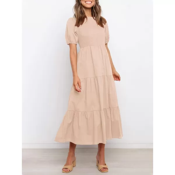 imageZESICA Womens 2023 Casual Summer Crew Neck Short Puff Sleeve Smocked High Waist Ruffle Tiered A Line Midi DressPink