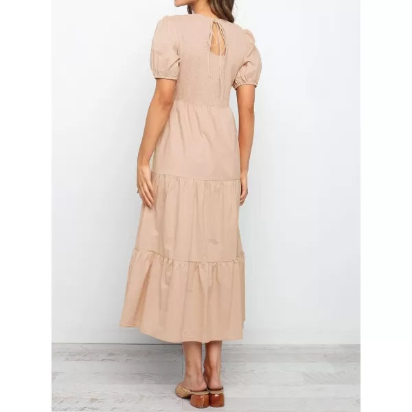 imageZESICA Womens 2023 Casual Summer Crew Neck Short Puff Sleeve Smocked High Waist Ruffle Tiered A Line Midi DressPink