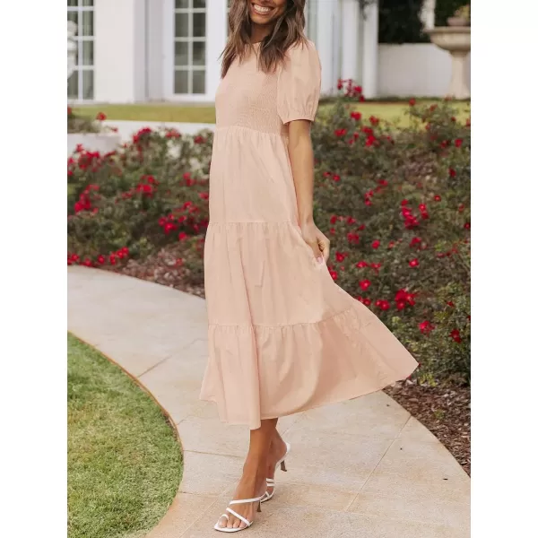 imageZESICA Womens 2023 Casual Summer Crew Neck Short Puff Sleeve Smocked High Waist Ruffle Tiered A Line Midi DressPink