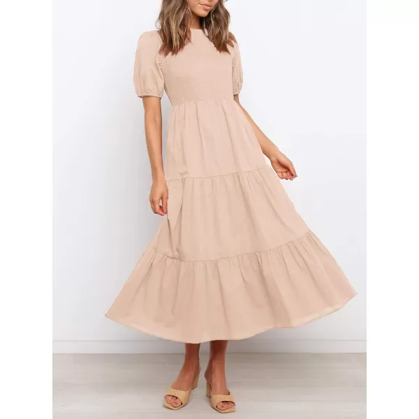 imageZESICA Womens 2023 Casual Summer Crew Neck Short Puff Sleeve Smocked High Waist Ruffle Tiered A Line Midi DressPink