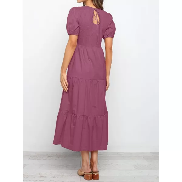 imageZESICA Womens 2023 Casual Summer Crew Neck Short Puff Sleeve Smocked High Waist Ruffle Tiered A Line Midi DressPlum