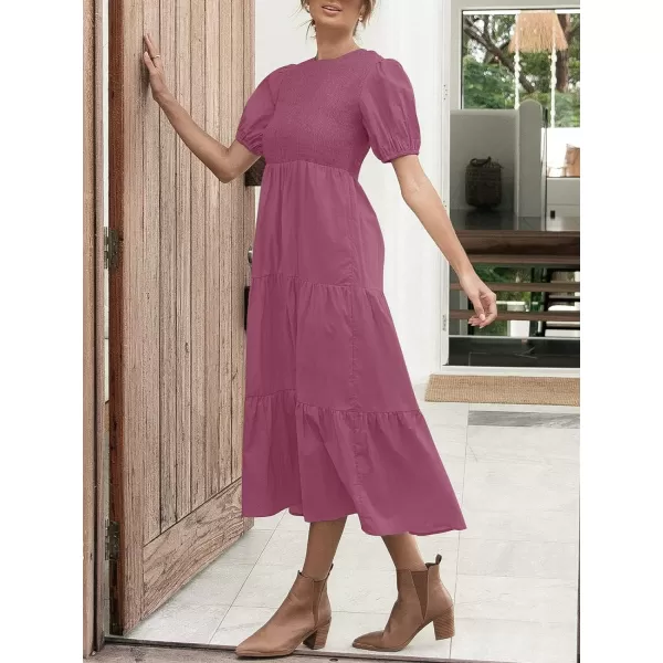 imageZESICA Womens 2023 Casual Summer Crew Neck Short Puff Sleeve Smocked High Waist Ruffle Tiered A Line Midi DressPlum