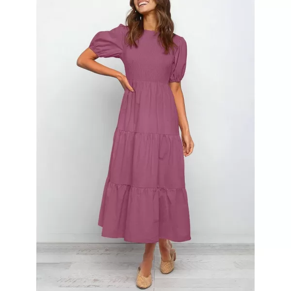 imageZESICA Womens 2023 Casual Summer Crew Neck Short Puff Sleeve Smocked High Waist Ruffle Tiered A Line Midi DressPlum