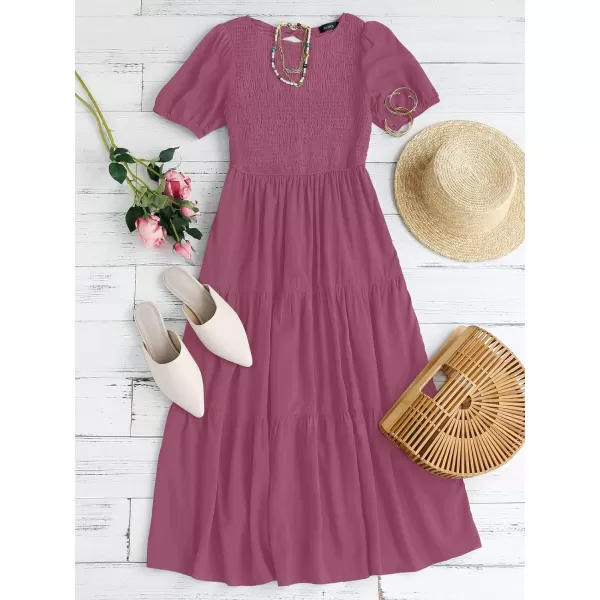 imageZESICA Womens 2023 Casual Summer Crew Neck Short Puff Sleeve Smocked High Waist Ruffle Tiered A Line Midi DressPlum