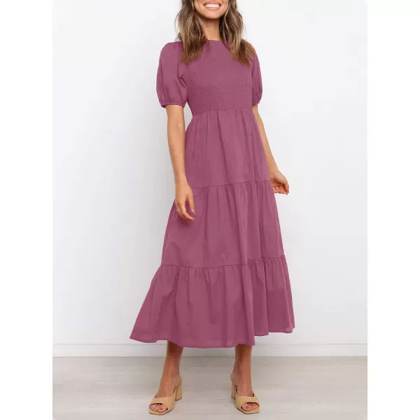 imageZESICA Womens 2023 Casual Summer Crew Neck Short Puff Sleeve Smocked High Waist Ruffle Tiered A Line Midi DressPlum