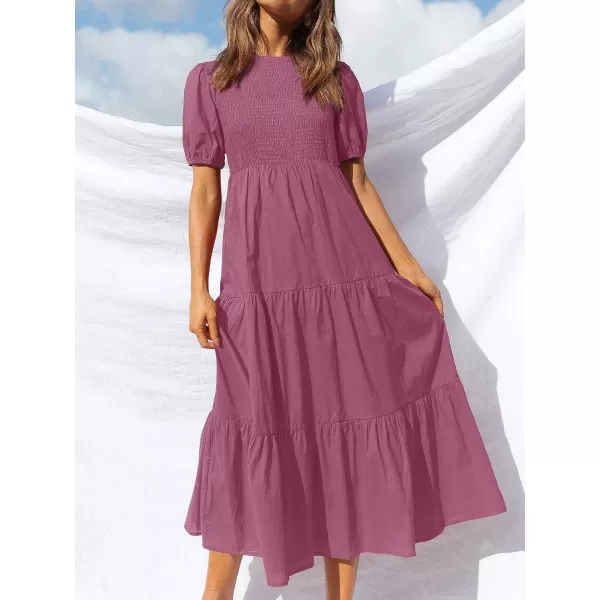 imageZESICA Womens 2023 Casual Summer Crew Neck Short Puff Sleeve Smocked High Waist Ruffle Tiered A Line Midi DressPlum