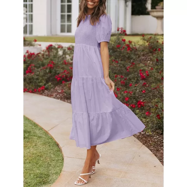 imageZESICA Womens 2023 Casual Summer Crew Neck Short Puff Sleeve Smocked High Waist Ruffle Tiered A Line Midi DressPurple