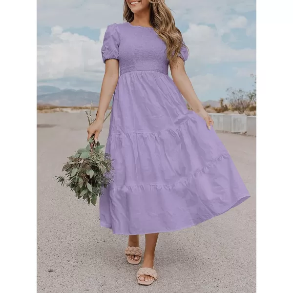 imageZESICA Womens 2023 Casual Summer Crew Neck Short Puff Sleeve Smocked High Waist Ruffle Tiered A Line Midi DressPurple