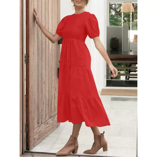 imageZESICA Womens 2023 Casual Summer Crew Neck Short Puff Sleeve Smocked High Waist Ruffle Tiered A Line Midi DressRed