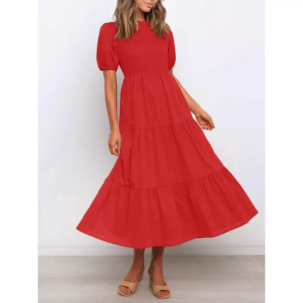 imageZESICA Womens 2023 Casual Summer Crew Neck Short Puff Sleeve Smocked High Waist Ruffle Tiered A Line Midi DressRed