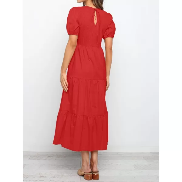 imageZESICA Womens 2023 Casual Summer Crew Neck Short Puff Sleeve Smocked High Waist Ruffle Tiered A Line Midi DressRed