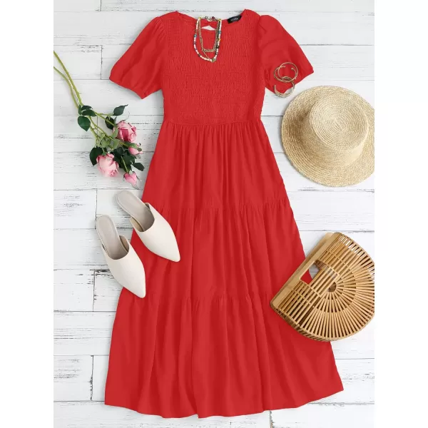 imageZESICA Womens 2023 Casual Summer Crew Neck Short Puff Sleeve Smocked High Waist Ruffle Tiered A Line Midi DressRed