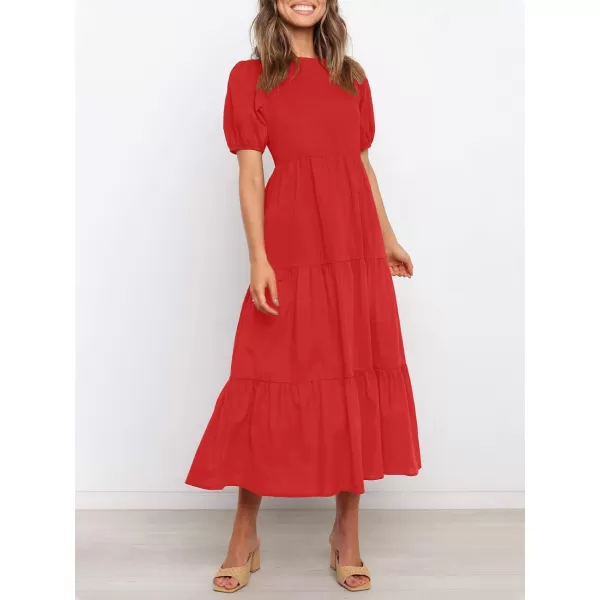 imageZESICA Womens 2023 Casual Summer Crew Neck Short Puff Sleeve Smocked High Waist Ruffle Tiered A Line Midi DressRed
