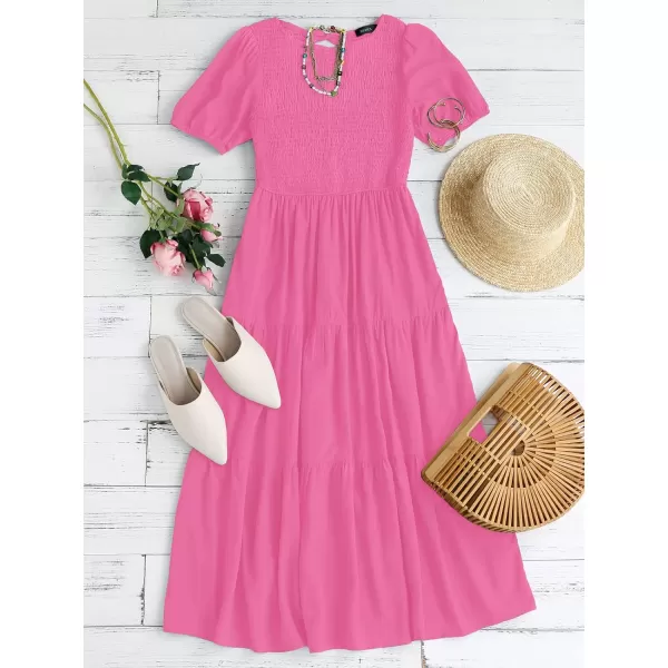 imageZESICA Womens 2023 Casual Summer Crew Neck Short Puff Sleeve Smocked High Waist Ruffle Tiered A Line Midi DressRose