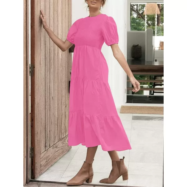 imageZESICA Womens 2023 Casual Summer Crew Neck Short Puff Sleeve Smocked High Waist Ruffle Tiered A Line Midi DressRose