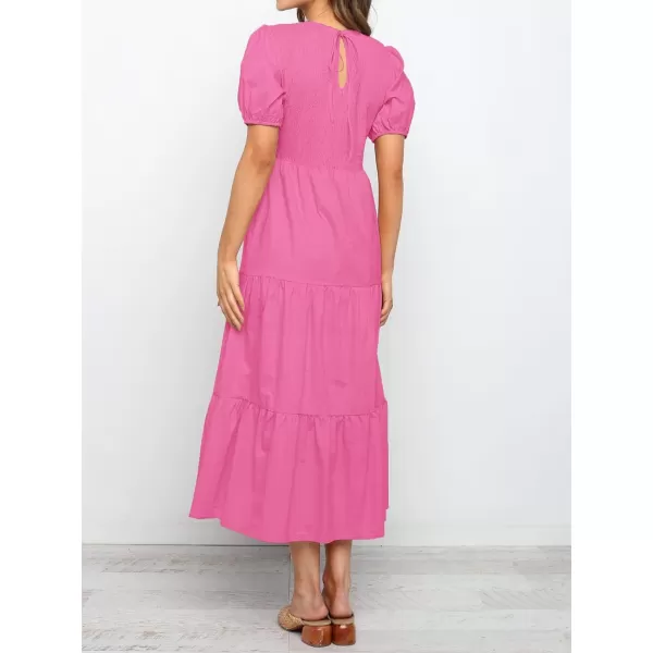 imageZESICA Womens 2023 Casual Summer Crew Neck Short Puff Sleeve Smocked High Waist Ruffle Tiered A Line Midi DressRose