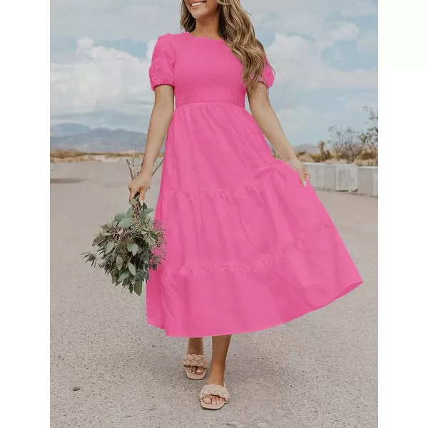 imageZESICA Womens 2023 Casual Summer Crew Neck Short Puff Sleeve Smocked High Waist Ruffle Tiered A Line Midi DressRose