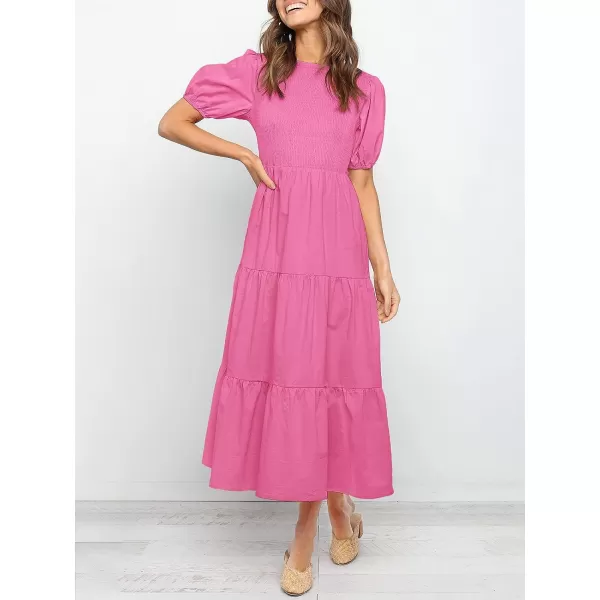 imageZESICA Womens 2023 Casual Summer Crew Neck Short Puff Sleeve Smocked High Waist Ruffle Tiered A Line Midi DressRose