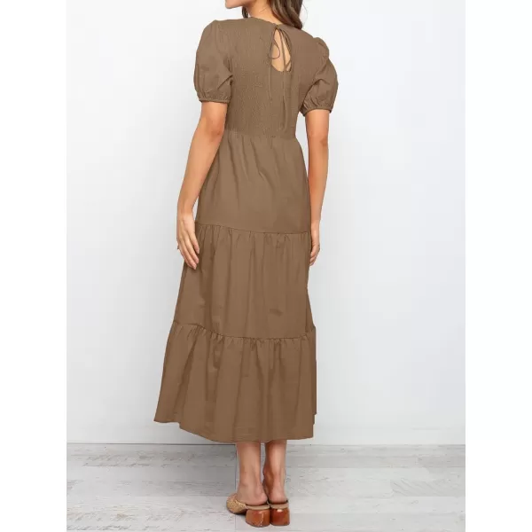 imageZESICA Womens 2023 Casual Summer Crew Neck Short Puff Sleeve Smocked High Waist Ruffle Tiered A Line Midi DressTan