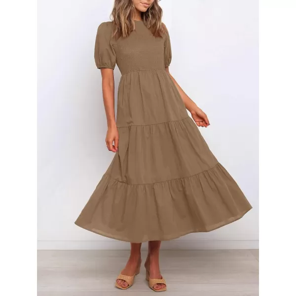 imageZESICA Womens 2023 Casual Summer Crew Neck Short Puff Sleeve Smocked High Waist Ruffle Tiered A Line Midi DressTan