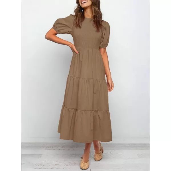 imageZESICA Womens 2023 Casual Summer Crew Neck Short Puff Sleeve Smocked High Waist Ruffle Tiered A Line Midi DressTan
