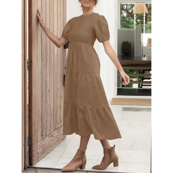 imageZESICA Womens 2023 Casual Summer Crew Neck Short Puff Sleeve Smocked High Waist Ruffle Tiered A Line Midi DressTan