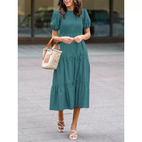 imageZESICA Womens 2023 Casual Summer Crew Neck Short Puff Sleeve Smocked High Waist Ruffle Tiered A Line Midi DressTeal
