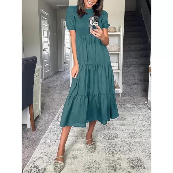 imageZESICA Womens 2023 Casual Summer Crew Neck Short Puff Sleeve Smocked High Waist Ruffle Tiered A Line Midi DressTeal