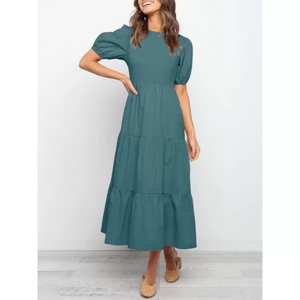 imageZESICA Womens 2023 Casual Summer Crew Neck Short Puff Sleeve Smocked High Waist Ruffle Tiered A Line Midi DressTeal