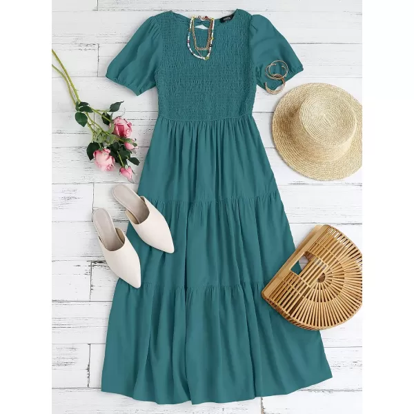 imageZESICA Womens 2023 Casual Summer Crew Neck Short Puff Sleeve Smocked High Waist Ruffle Tiered A Line Midi DressTeal