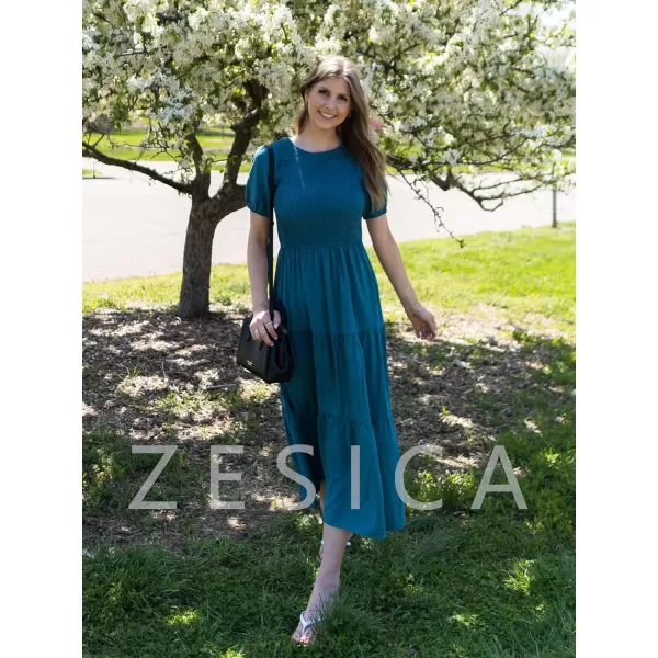 imageZESICA Womens 2023 Casual Summer Crew Neck Short Puff Sleeve Smocked High Waist Ruffle Tiered A Line Midi DressTeal