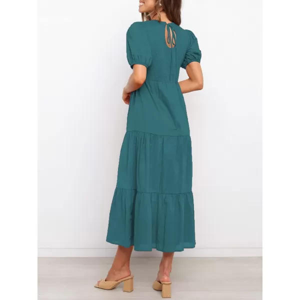 imageZESICA Womens 2023 Casual Summer Crew Neck Short Puff Sleeve Smocked High Waist Ruffle Tiered A Line Midi DressTeal