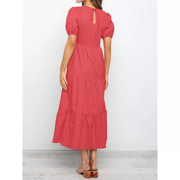 imageZESICA Womens 2023 Casual Summer Crew Neck Short Puff Sleeve Smocked High Waist Ruffle Tiered A Line Midi DressWatermelon