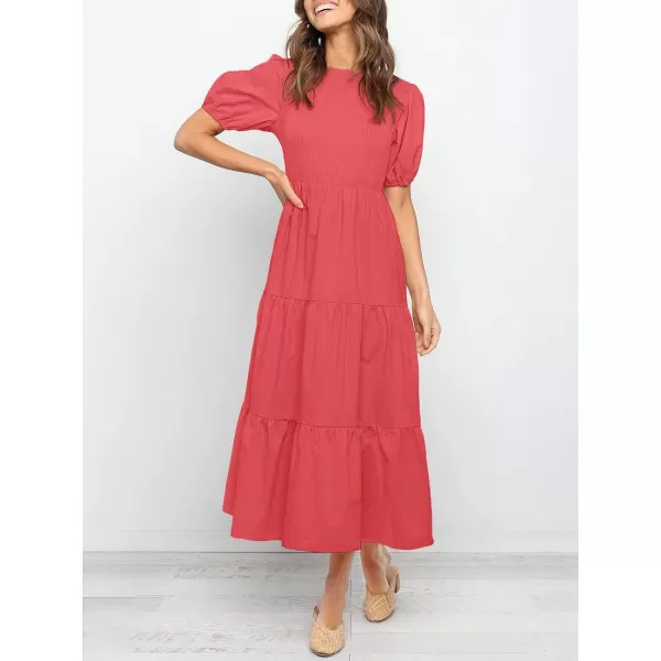 imageZESICA Womens 2023 Casual Summer Crew Neck Short Puff Sleeve Smocked High Waist Ruffle Tiered A Line Midi DressWatermelon