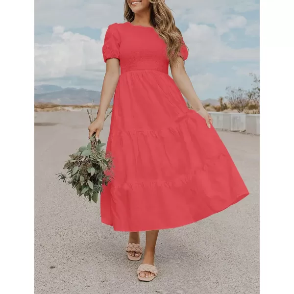 imageZESICA Womens 2023 Casual Summer Crew Neck Short Puff Sleeve Smocked High Waist Ruffle Tiered A Line Midi DressWatermelon
