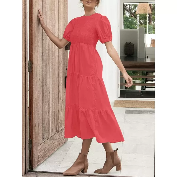 imageZESICA Womens 2023 Casual Summer Crew Neck Short Puff Sleeve Smocked High Waist Ruffle Tiered A Line Midi DressWatermelon