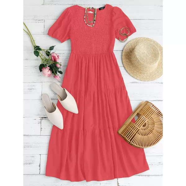 imageZESICA Womens 2023 Casual Summer Crew Neck Short Puff Sleeve Smocked High Waist Ruffle Tiered A Line Midi DressWatermelon