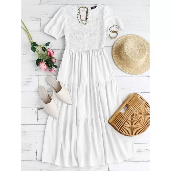 imageZESICA Womens 2023 Casual Summer Crew Neck Short Puff Sleeve Smocked High Waist Ruffle Tiered A Line Midi DressWhite