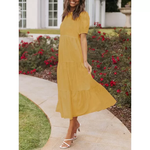 imageZESICA Womens 2023 Casual Summer Crew Neck Short Puff Sleeve Smocked High Waist Ruffle Tiered A Line Midi DressYellow